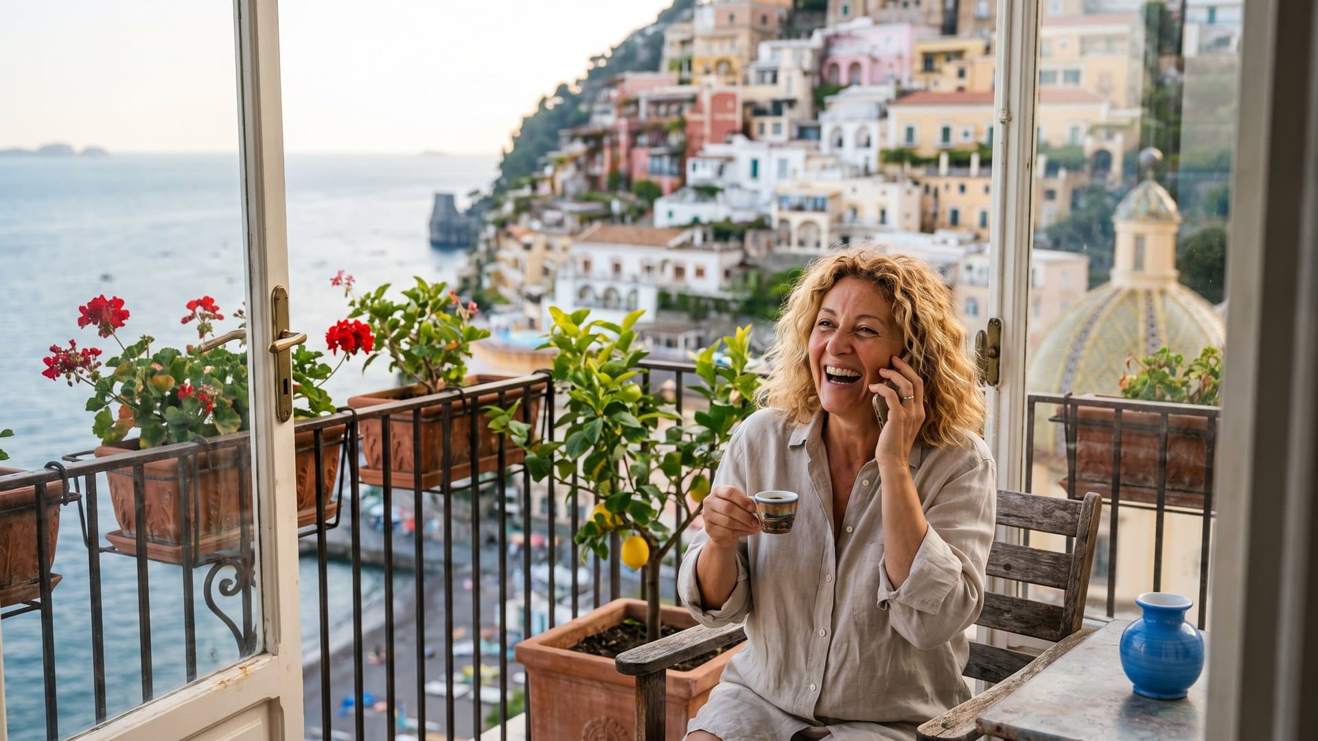 Una donna sul balcone fiorito al telefono, sorpresa e contenta