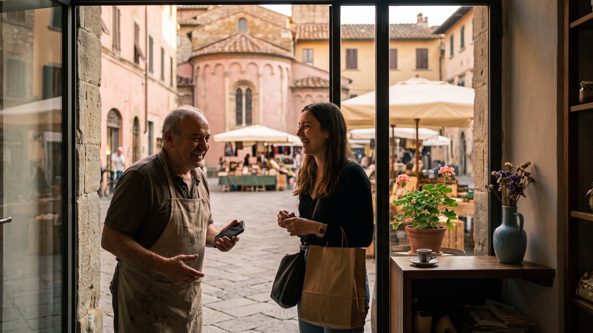 Un negoziante sulla soglia della sua bottega con lo smartphone mentre parla con un cliente