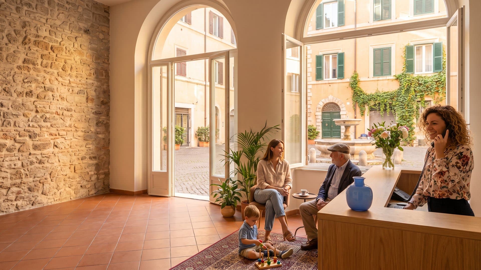 Una receptionist sorridente al telefono nella reception di uno studio dentistico a Roma, con le facciate color ocra e le persiane verdi di Trastevere oltre la finestra