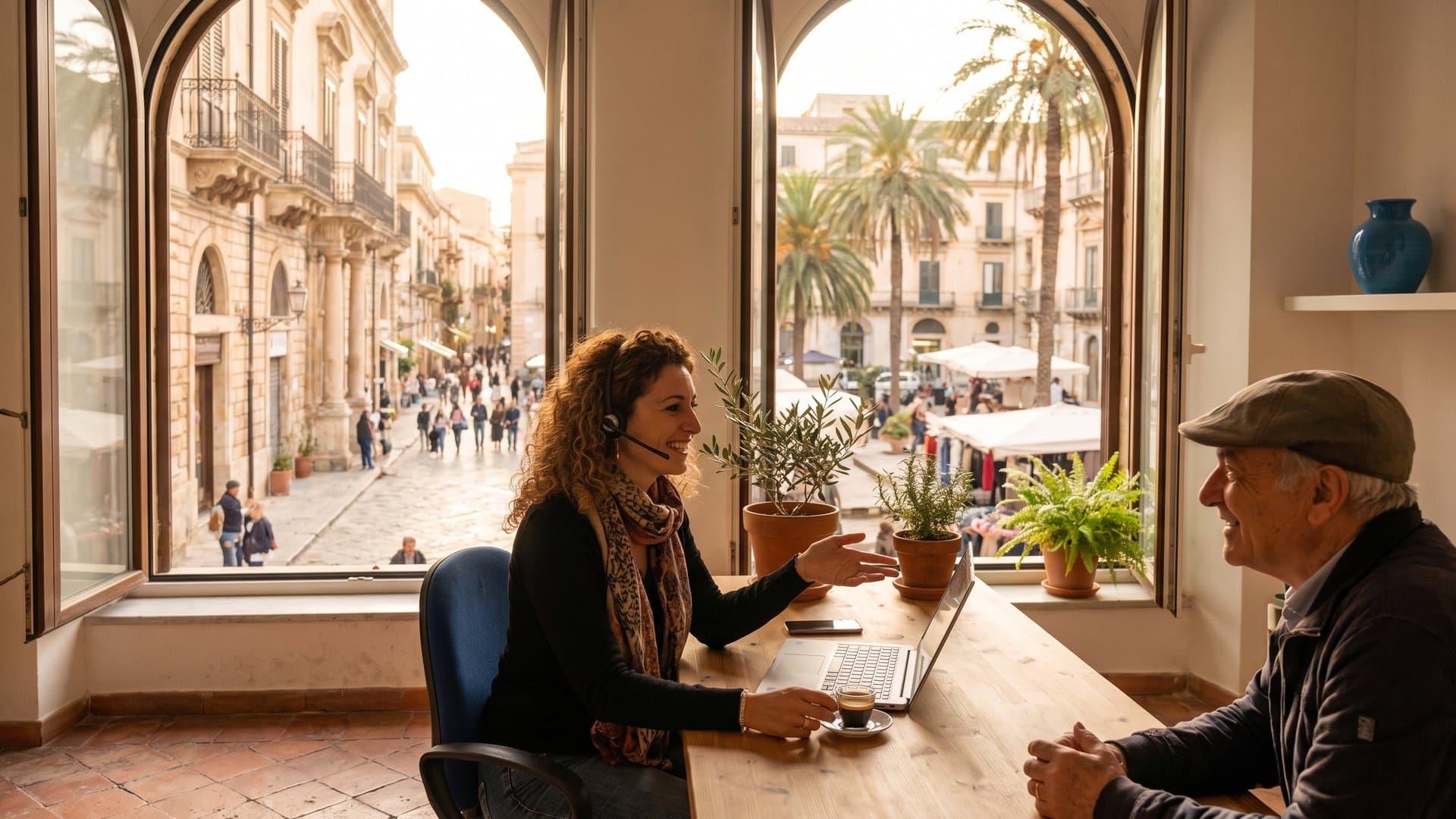 Una persona del supporto con le cuffie aiuta un cliente con un sorriso