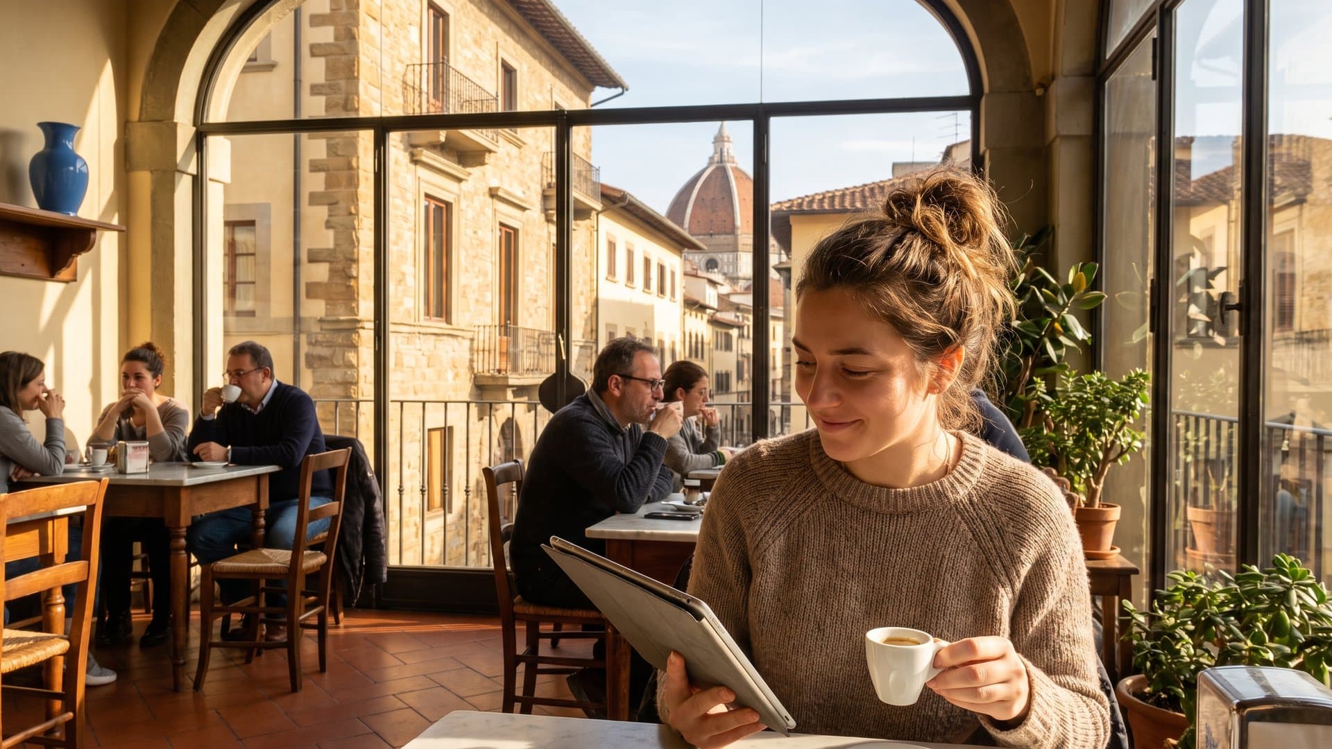 Una donna legge un articolo sul tablet in un caffè accogliente