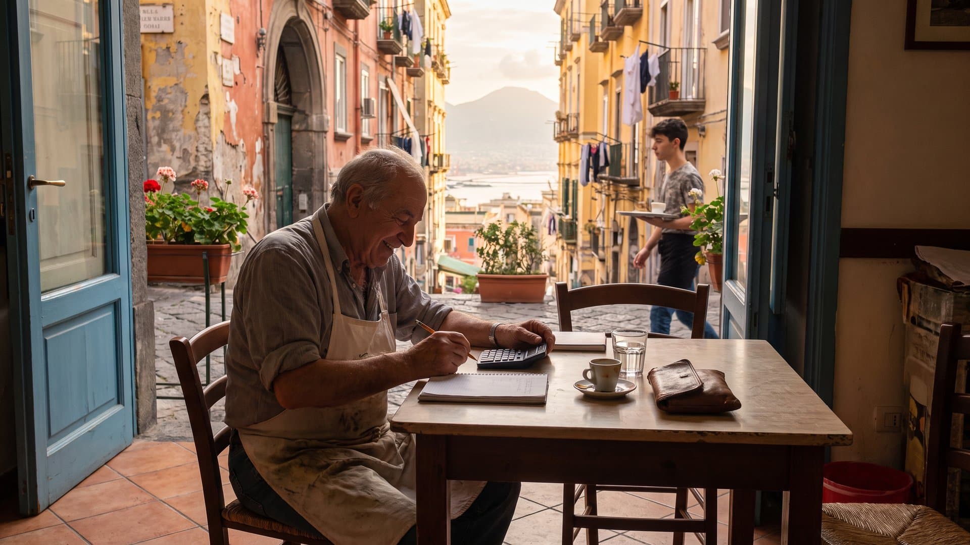Il titolare di una trattoria fa due conti al tavolino all'aperto