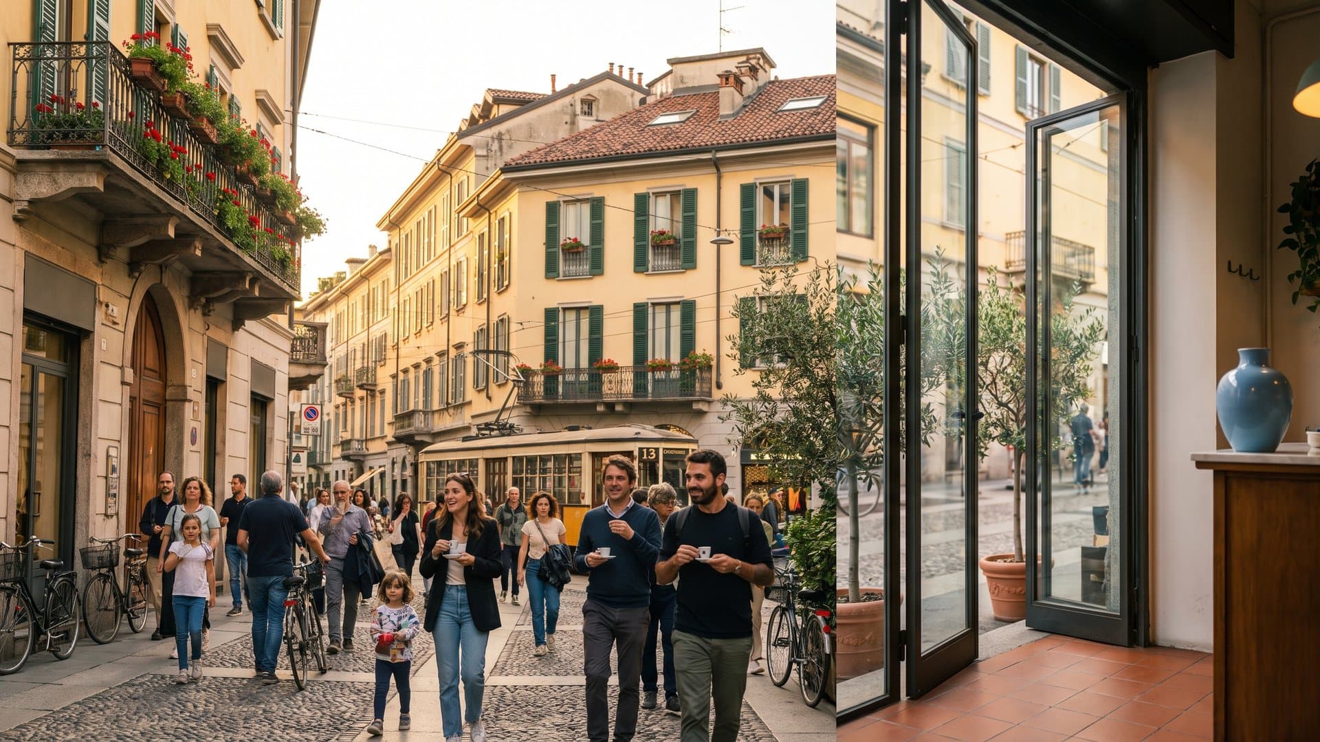 Una strada di città italiana all'ora dorata con facciate colorate