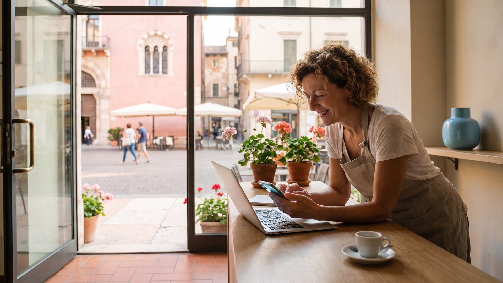 La titolare di un bar configura tutto sul portatile mentre il telefono si illumina