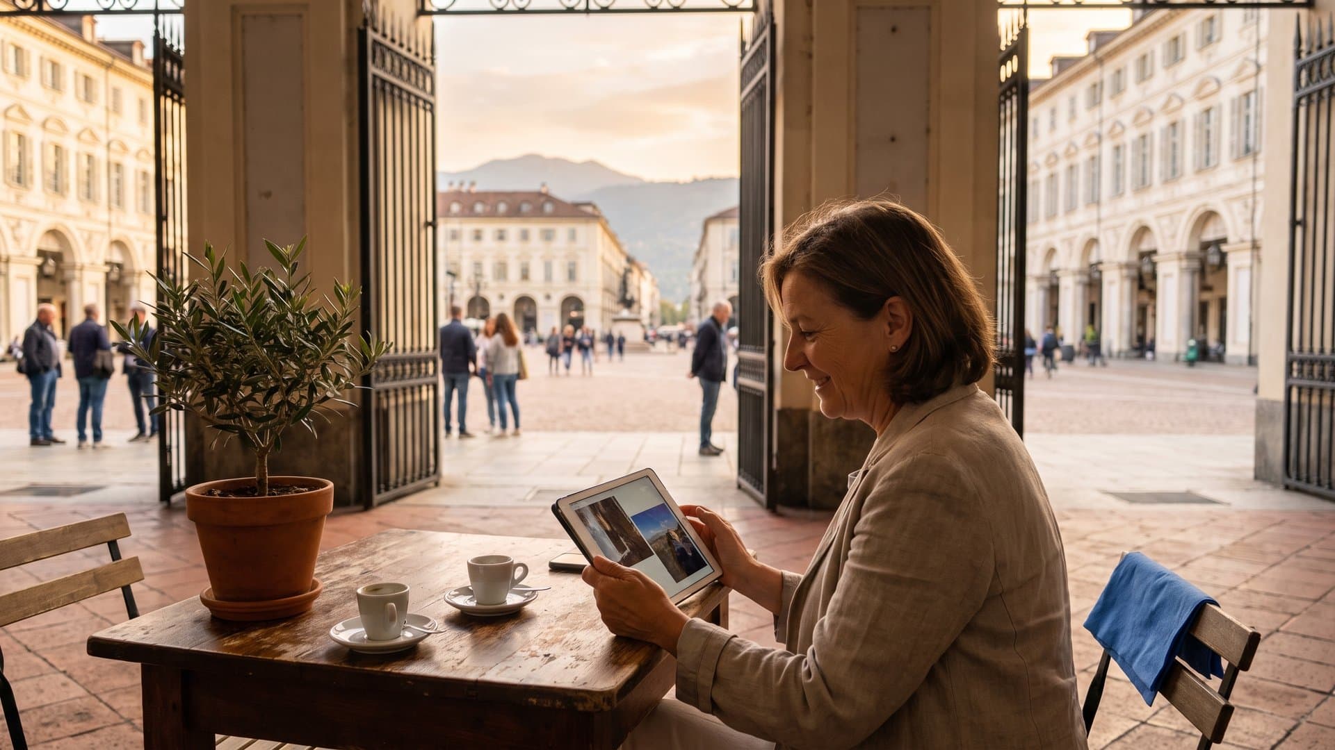 Una titolare confronta due opzioni sul tablet a un tavolino in piazza