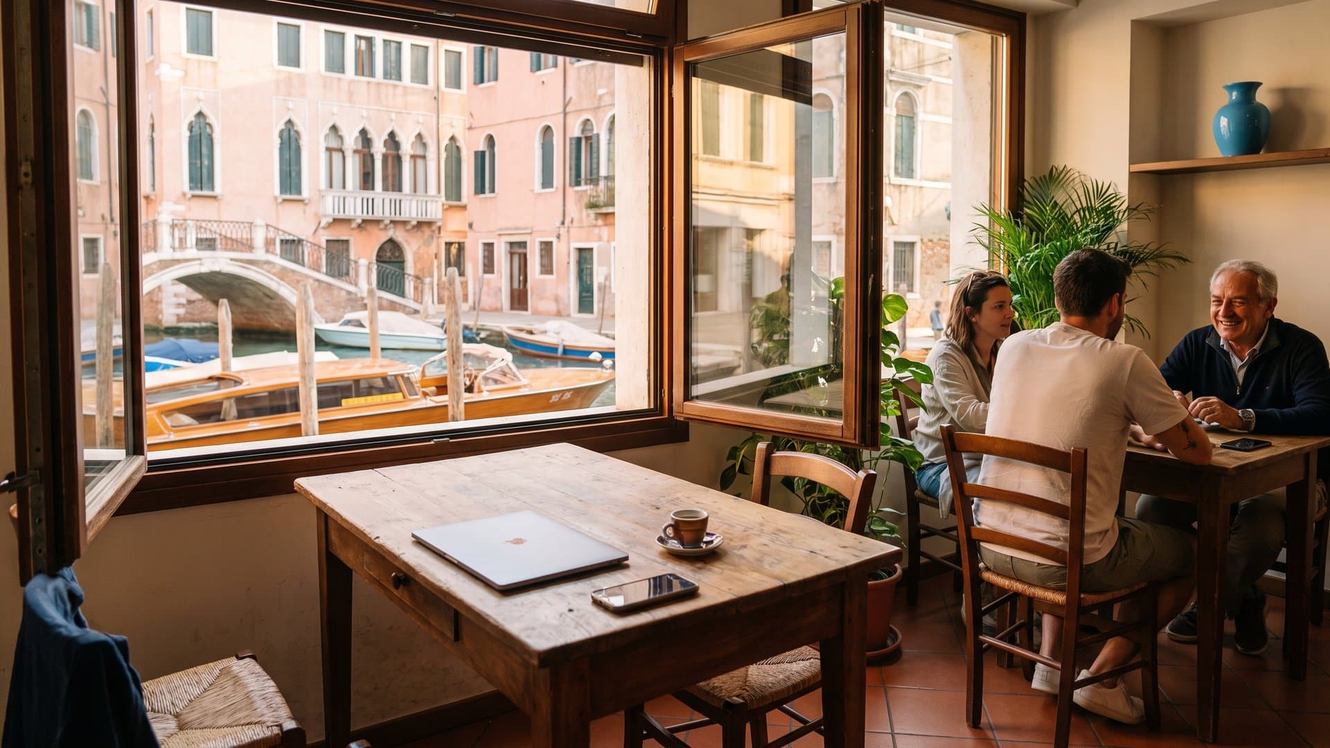 Un tavolo accanto a una finestra aperta con portatile, telefono e un espresso