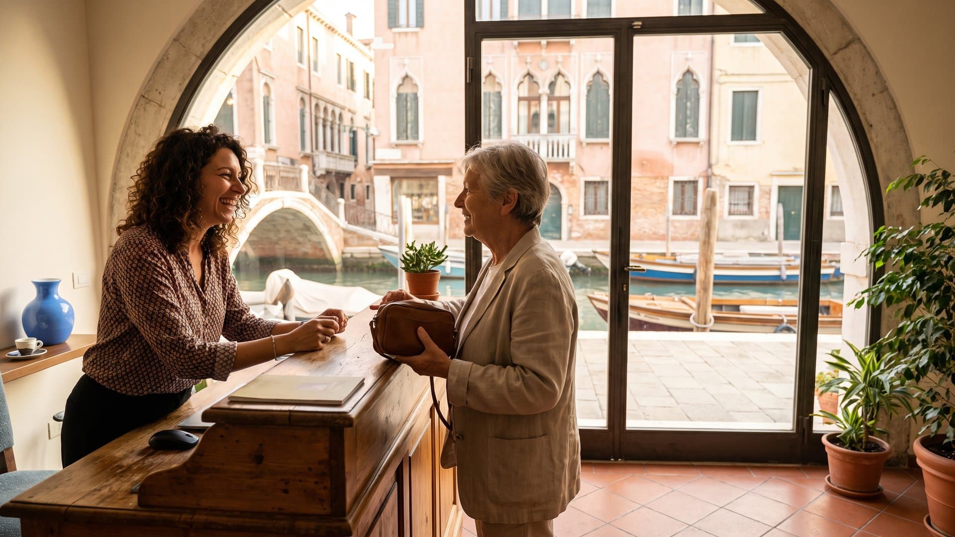 Una receptionist sorridente risponde alla domanda di un cliente