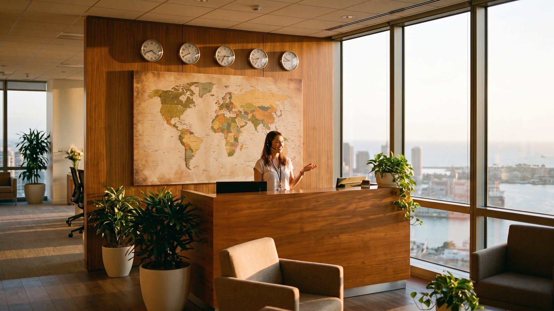 Una receptionist davanti a una mappa del mondo e orologi con fusi orari diversi