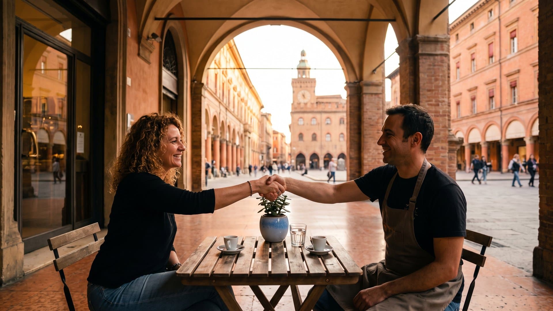 Due titolari di piccole attività si stringono la mano sotto un portico di Bologna