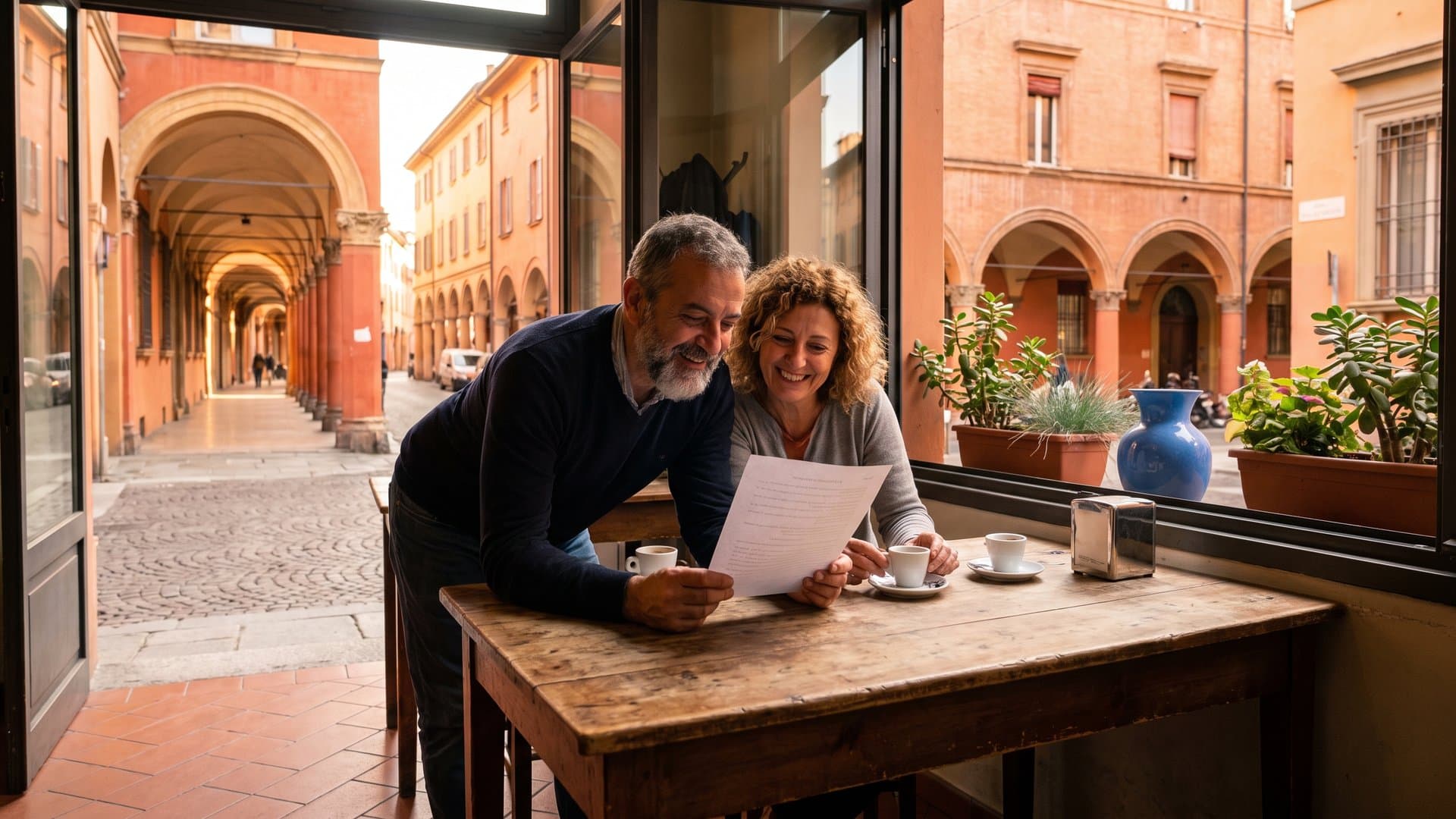 Una coppia che gestisce una piccola panetteria legge un piano semplice davanti a un caffè