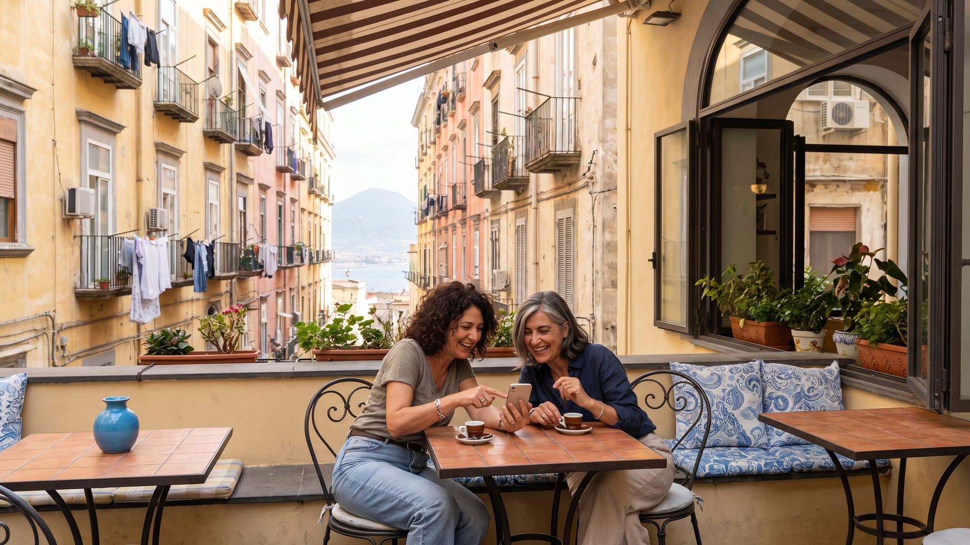 Due amiche con un'attività ciascuna chiacchierano davanti a un caffè in piazza