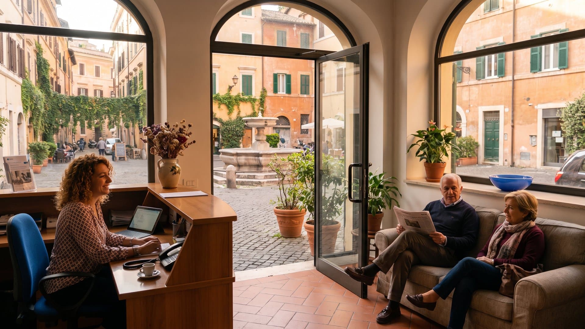 La reception accogliente di uno studio medico con vista sui palazzi storici